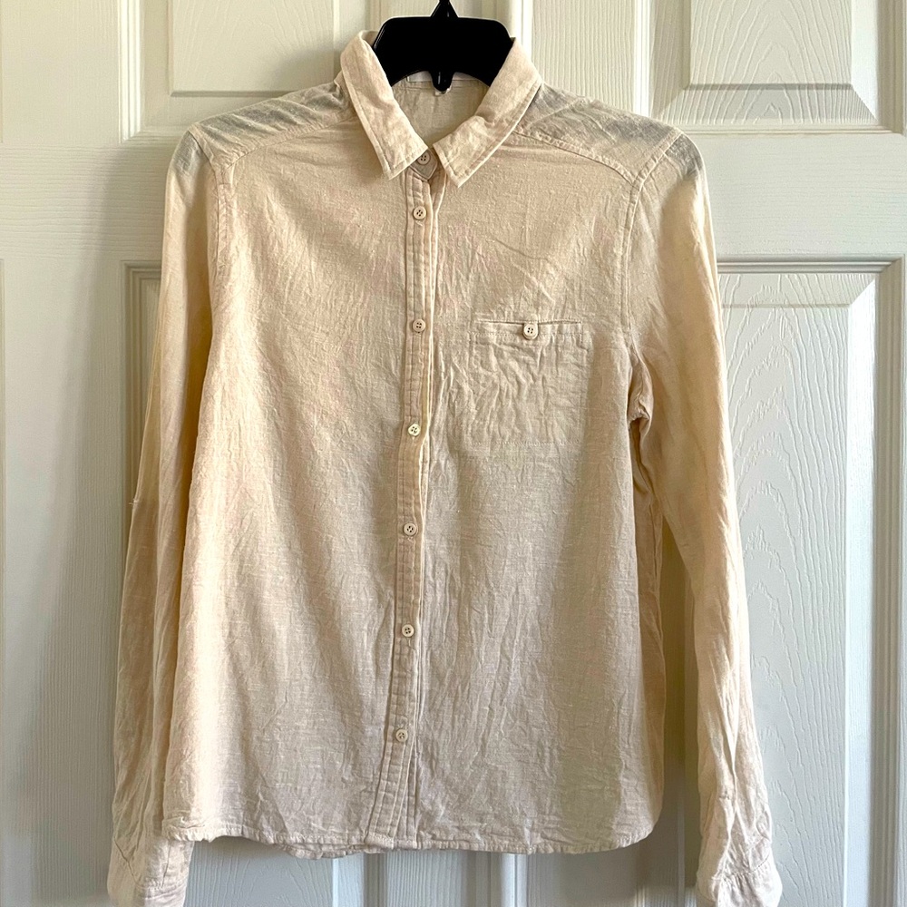 Love Tree- Linen/Cotton Long Sleeve Button Down Shirt Cream/Ivory